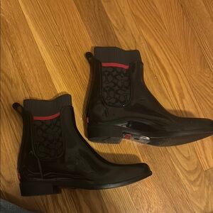 Black and Red Coach Ankle Rain Boots